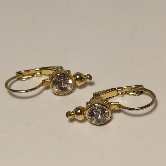 Gold Tone Lever Back Dangle Earrings w White Stone - Metal Detail - Picture 9 of 10